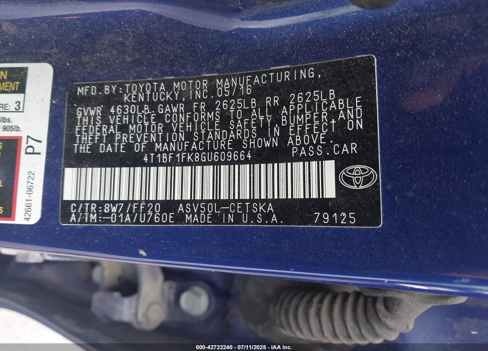 2016 TOYOTA CAMRY VIN: 4T1BF1FK8GU609664
