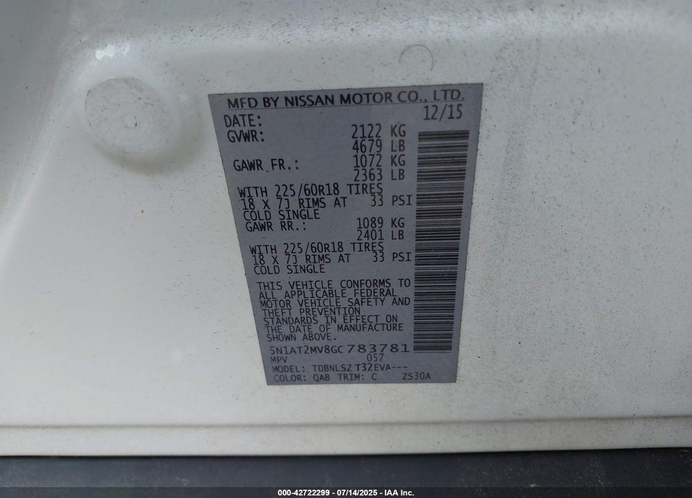 2016 NISSAN ROGUE VIN: 5N1AT2MV8GC783781