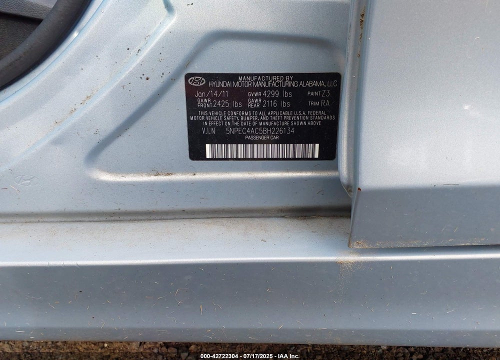 2011 HYUNDAI SONATA VIN: 5NPEC4AC5BH226134