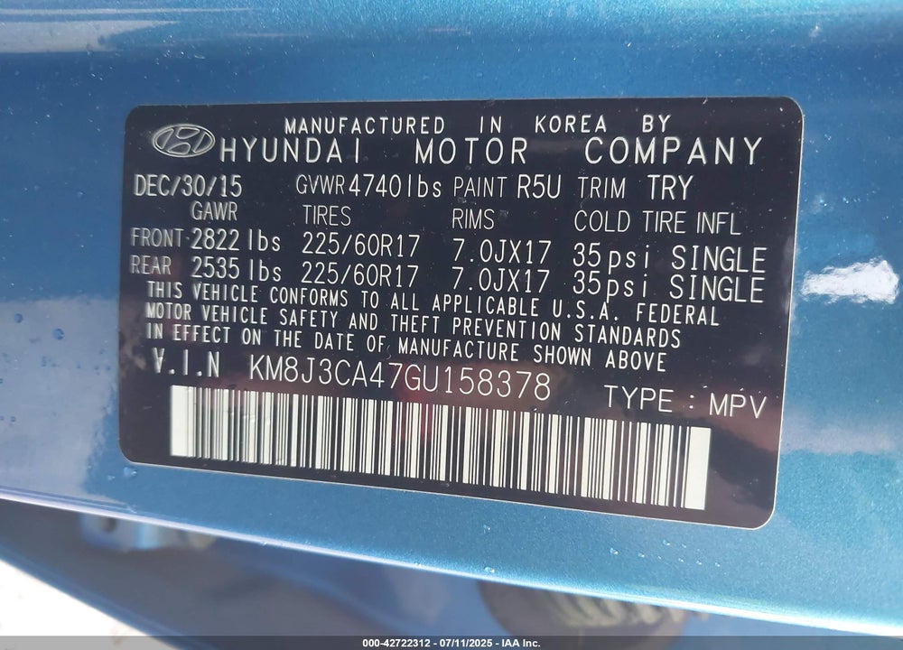 2016 HYUNDAI TUCSON VIN: KM8J3CA47GU158378