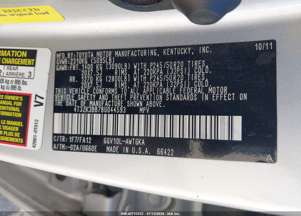 2011 TOYOTA VENZA VIN: 4T3ZK3BB7BU044593