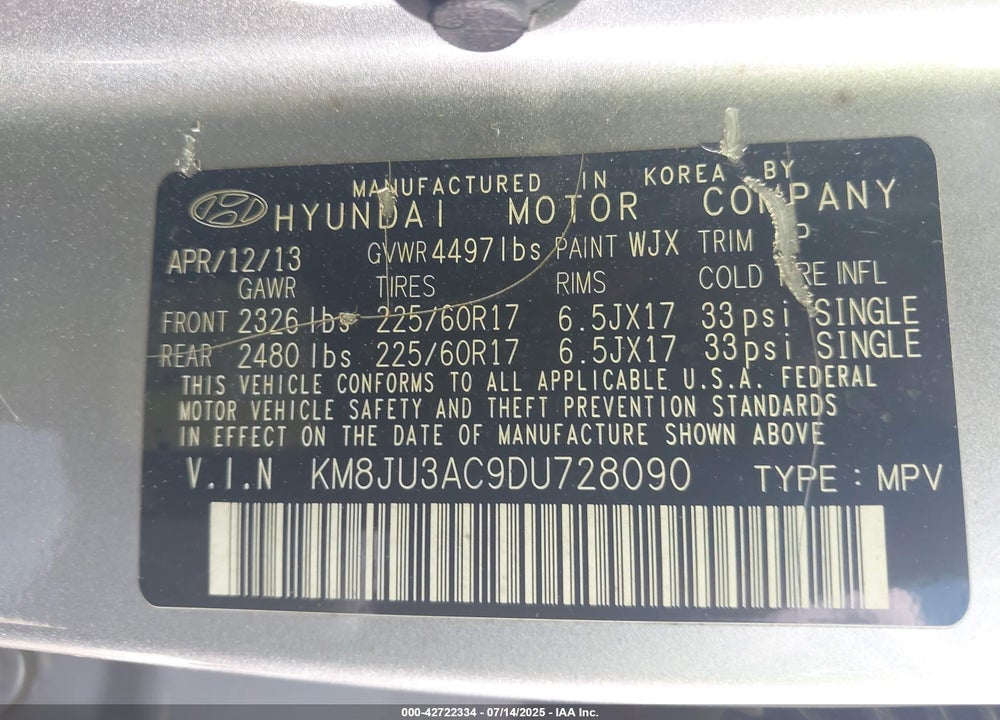 2013 HYUNDAI TUCSON VIN: KM8JU3AC9DU728090