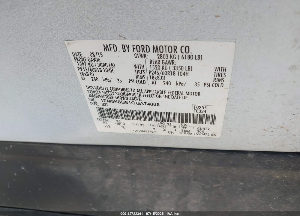 2016 FORD EXPLORER VIN: 1FM5K8B81GGA74865