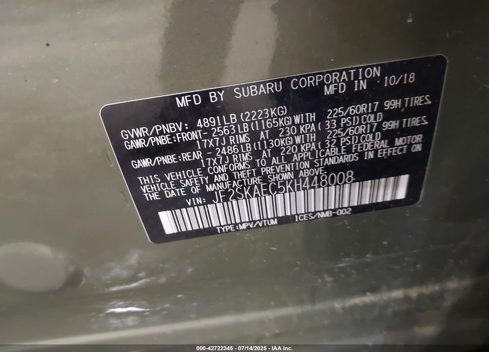 2019 SUBARU FORESTER VIN: JF2SKAEC5KH448008