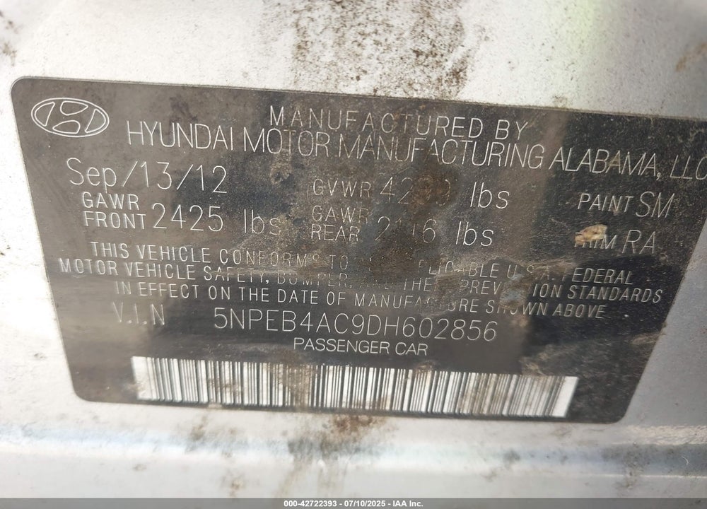 2013 HYUNDAI SONATA VIN: 5NPEB4AC9DH602856