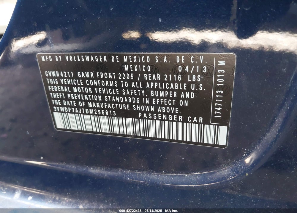 2013 VOLKSWAGEN JETTA 2.5L SE VIN: 3VWDP7AJ7DM295613