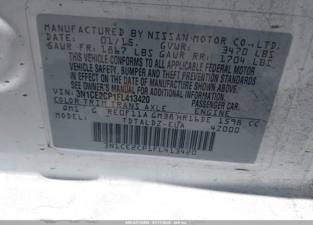 2015 NISSAN VERSA NOTE VIN: 3N1CE2CP1FL413420