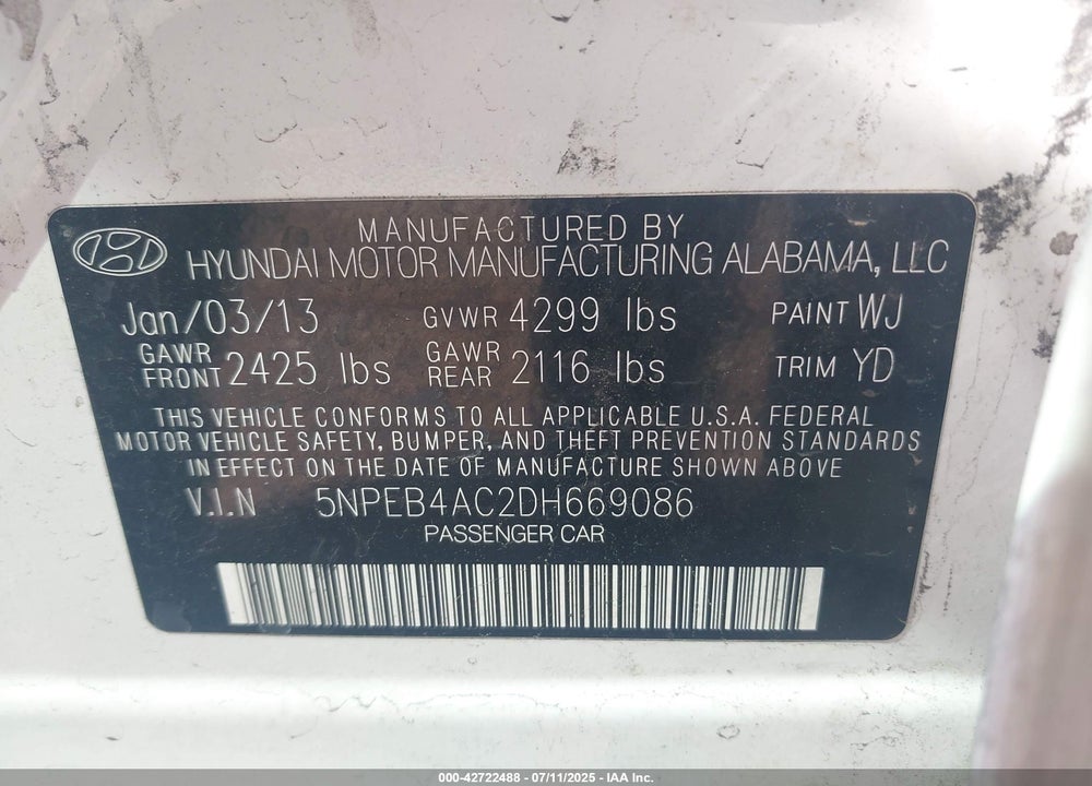 2013 HYUNDAI SONATA VIN: 5NPEB4AC2DH669086