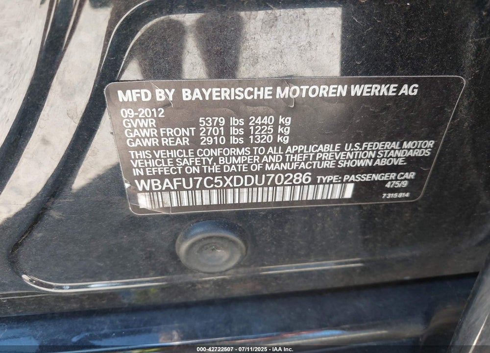 2013 BMW 5 SERIES VIN: WBAFU7C5XDDU70286