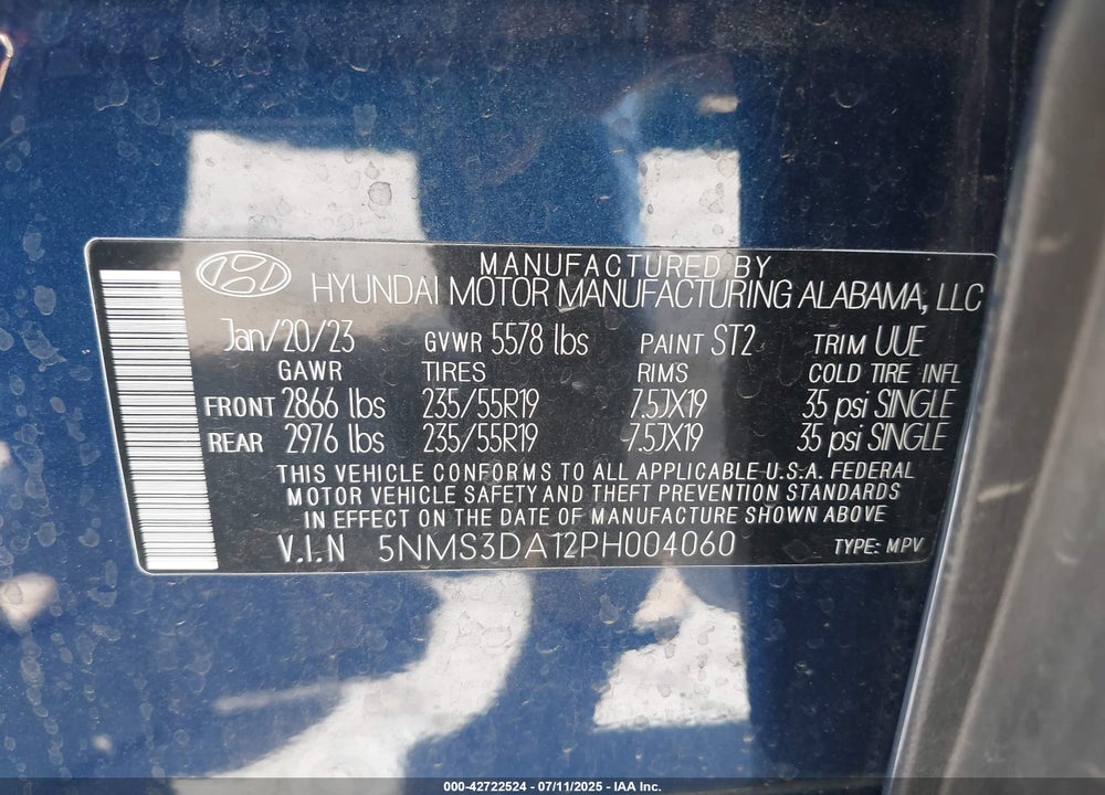 2023 HYUNDAI SANTA FE HYBRID VIN: 5NMS3DA12PH004060