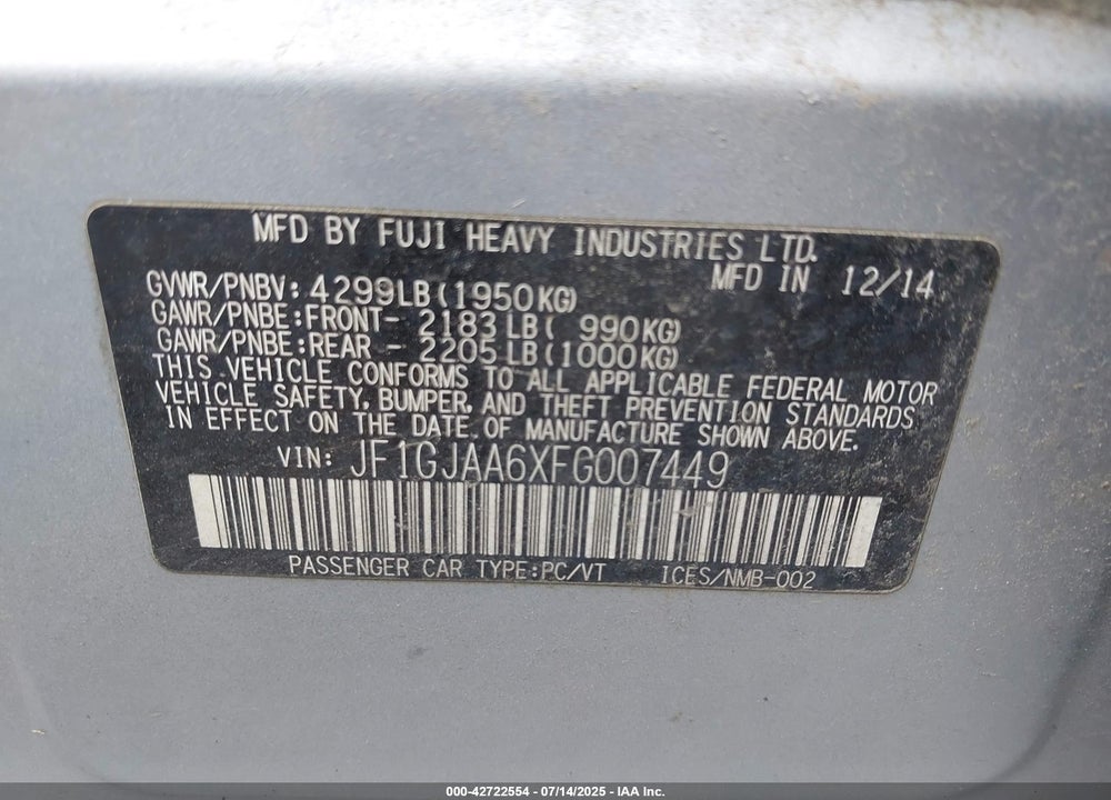 2015 SUBARU IMPREZA VIN: JF1GJAA6XFG007449