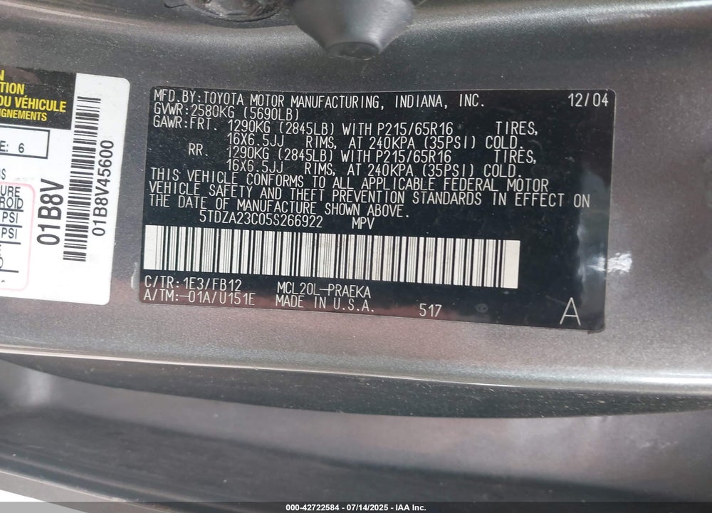 2005 TOYOTA SIENNA VIN: 5TDZA23C05S266922