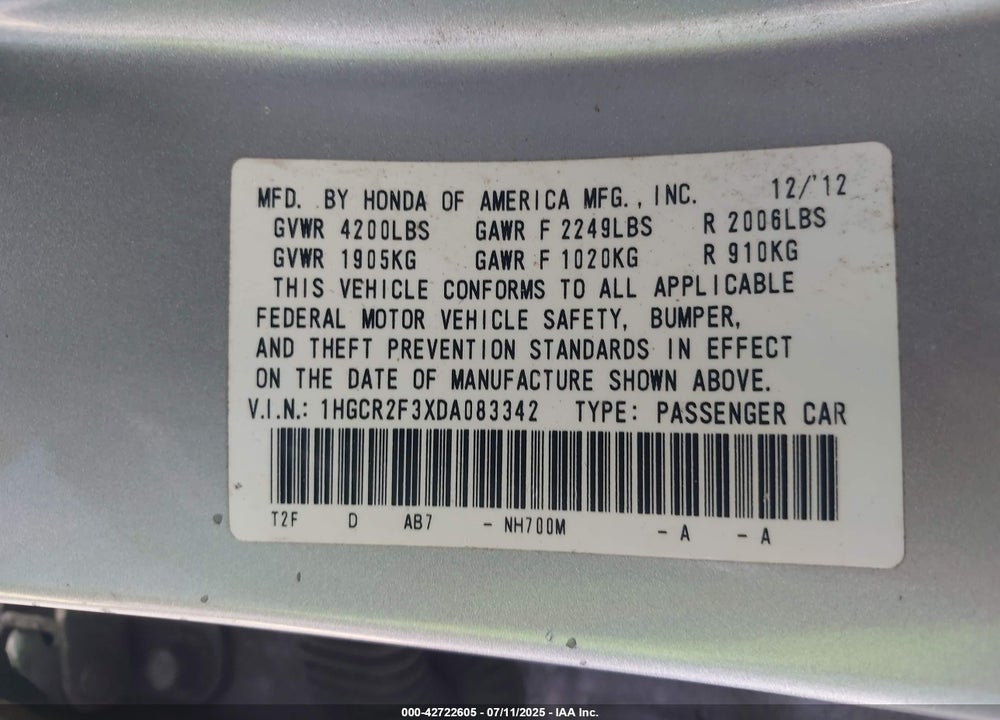 2013 HONDA ACCORD VIN: 1HGCR2F3XDA083342