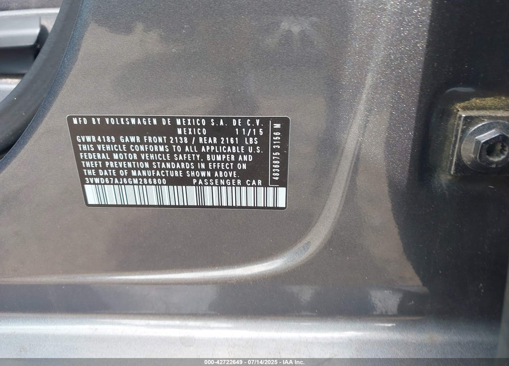2016 VOLKSWAGEN JETTA VIN: 3VWD67AJ6GM286800