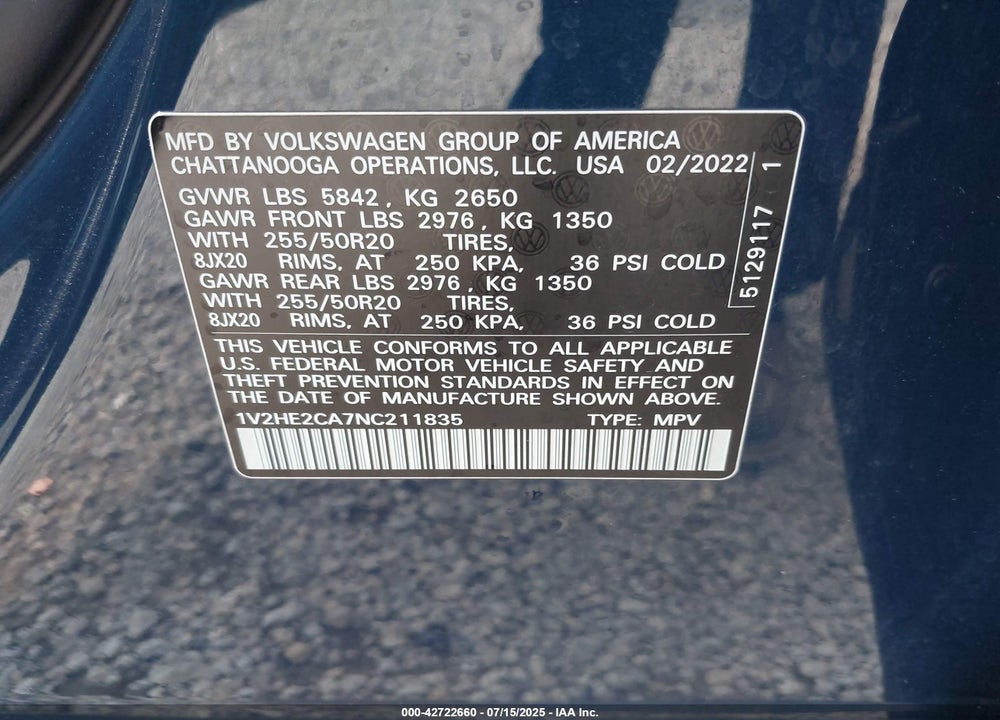 2022 VOLKSWAGEN ATLAS CROSS SPORT VIN: 1V2HE2CA7NC211835