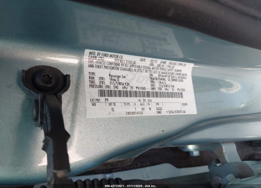 2012 FORD FOCUS VIN: 1FAHP3F22CL352952