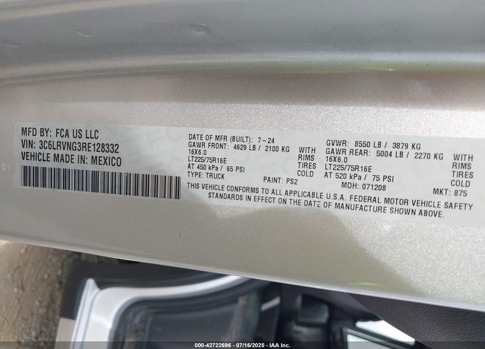 2024 RAM PROMASTER 1500 LOW ROOF 118 WB W/PASS SEAT VIN: 3C6LRVNG3RE128332