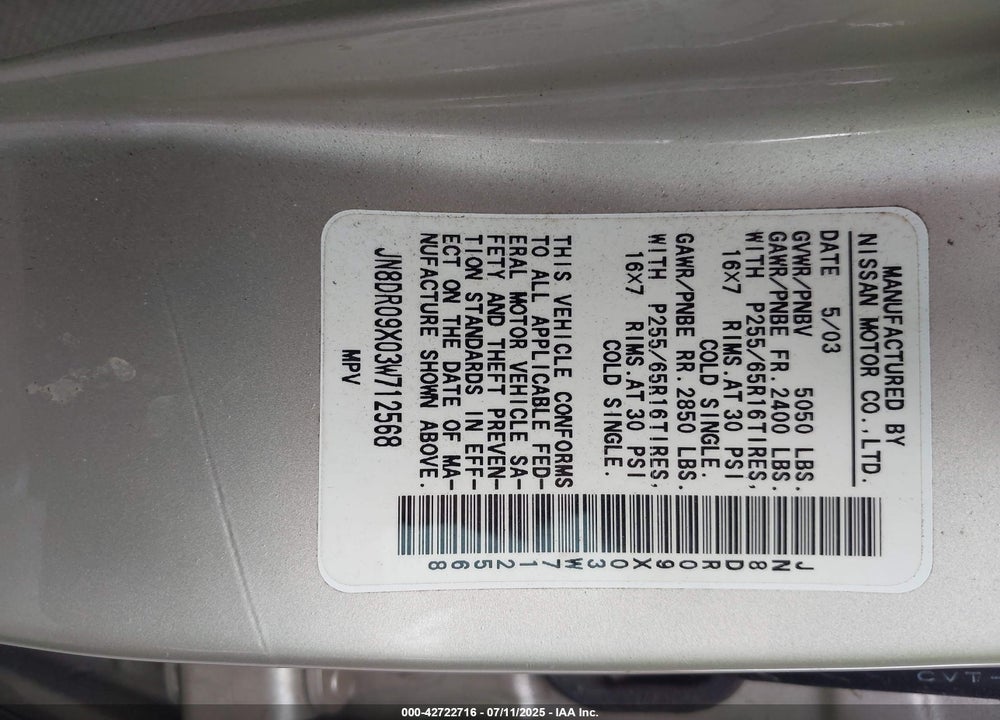 2003 NISSAN PATHFINDER SE VIN: JN8DR09X03W712568