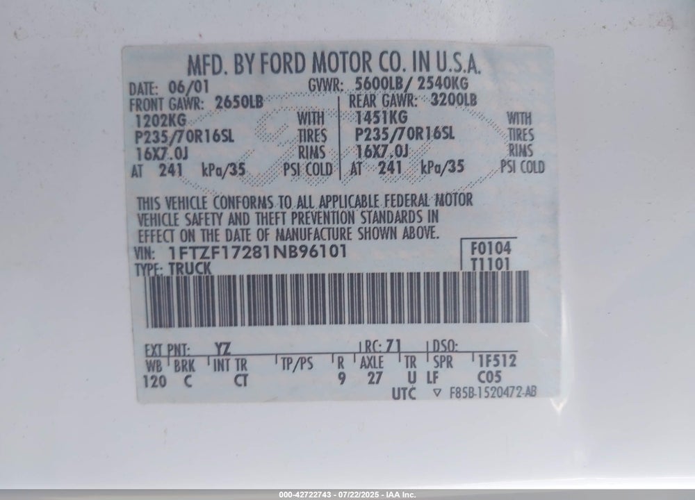 2001 FORD F-150 XL/XLT VIN: 1FTZF17281NB96101