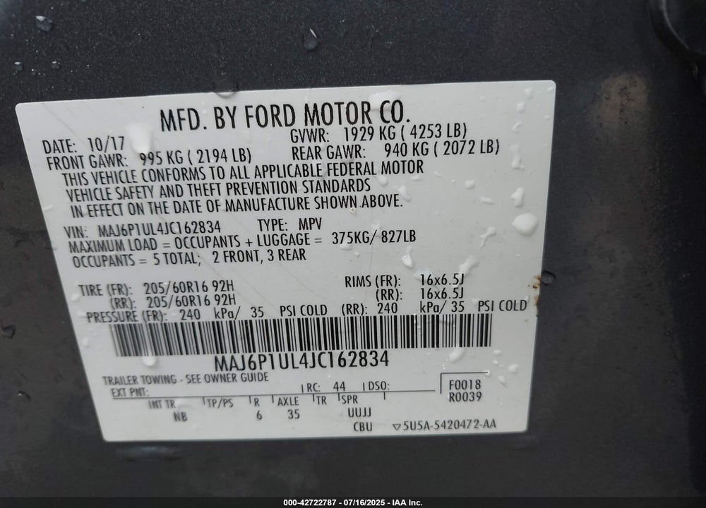 2018 FORD ECOSPORT VIN: MAJ6P1UL4JC162834