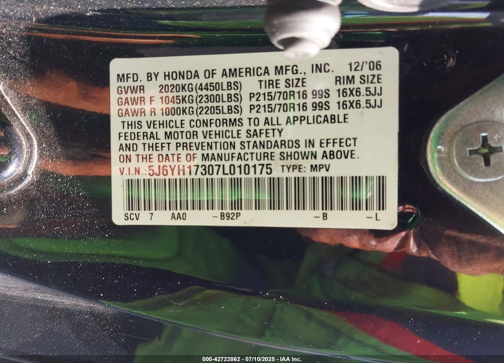 2007 HONDA ELEMENT VIN: 5J6YH17307L010175