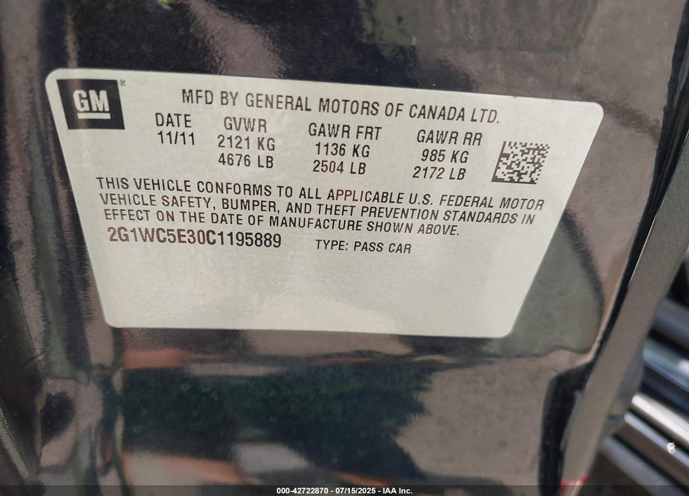 2012 CHEVROLET IMPALA LTZ VIN: 2G1WC5E30C1195889