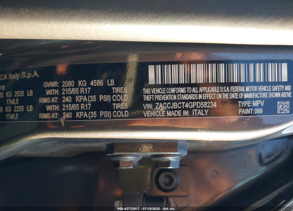 2016 JEEP RENEGADE VIN: ZACCJBCT4GPD58234