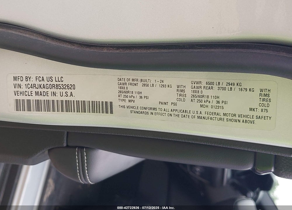 2024 JEEP GRAND CHEROKEE L VIN: 1C4RJKAG0R8532620