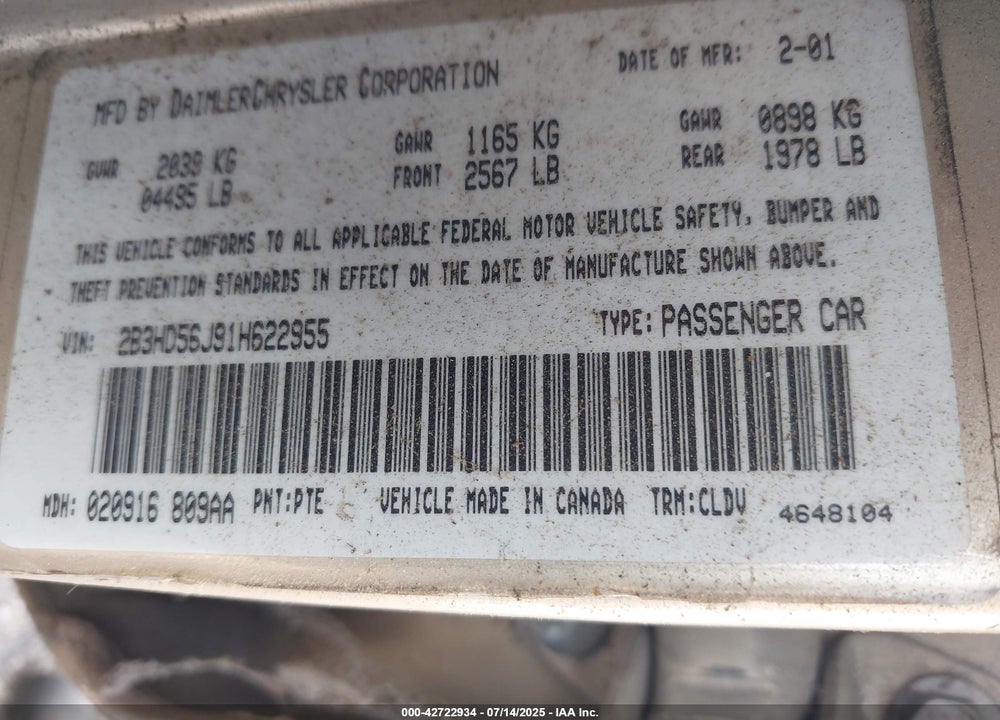 2001 DODGE INTREPID ES VIN: 2B3HD56J91H622955