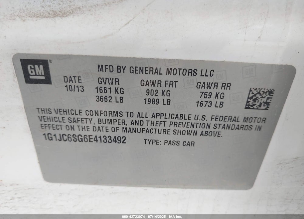 2014 CHEVROLET SONIC LT AUTO VIN: 1G1JC6SG6E4133492