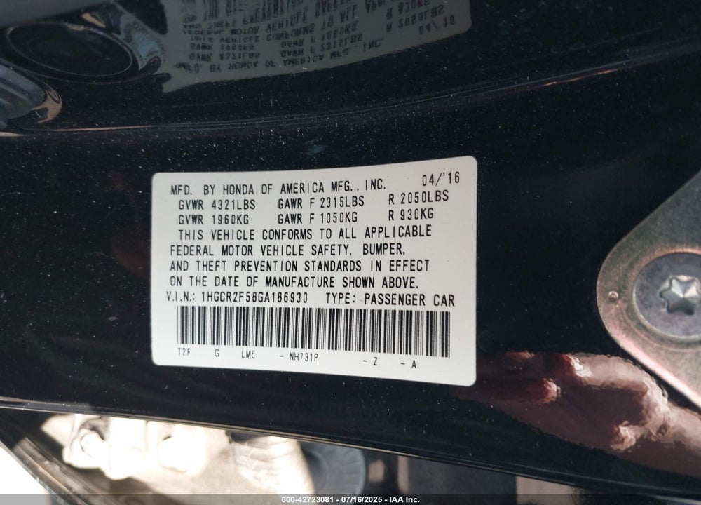 2016 HONDA ACCORD VIN: 1HGCR2F58GA186930