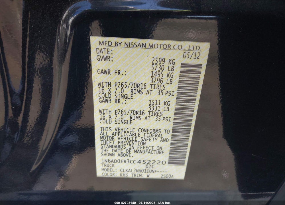 2012 NISSAN FRONTIER VIN: 1N6AD0ER3CC452220
