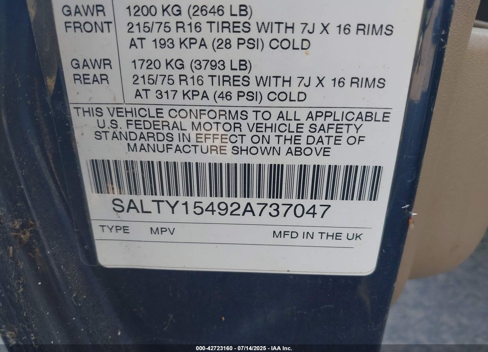 2002 LAND ROVER DISCOVERY SERIES II SE VIN: SALTY15492A737047