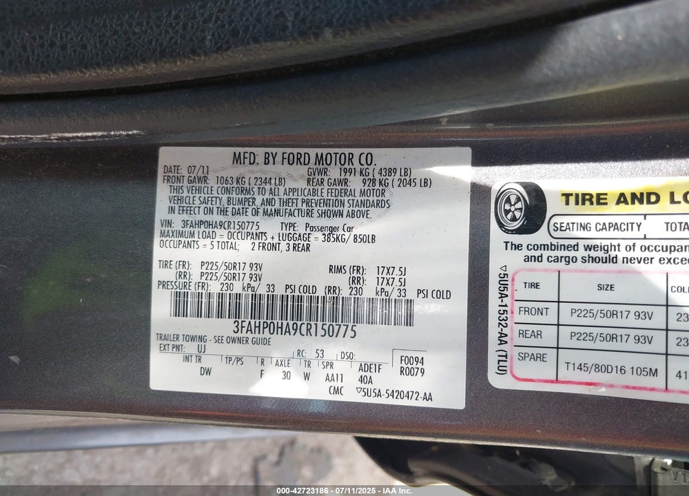 2012 FORD FUSION VIN: 3FAHP0HA9CR150775