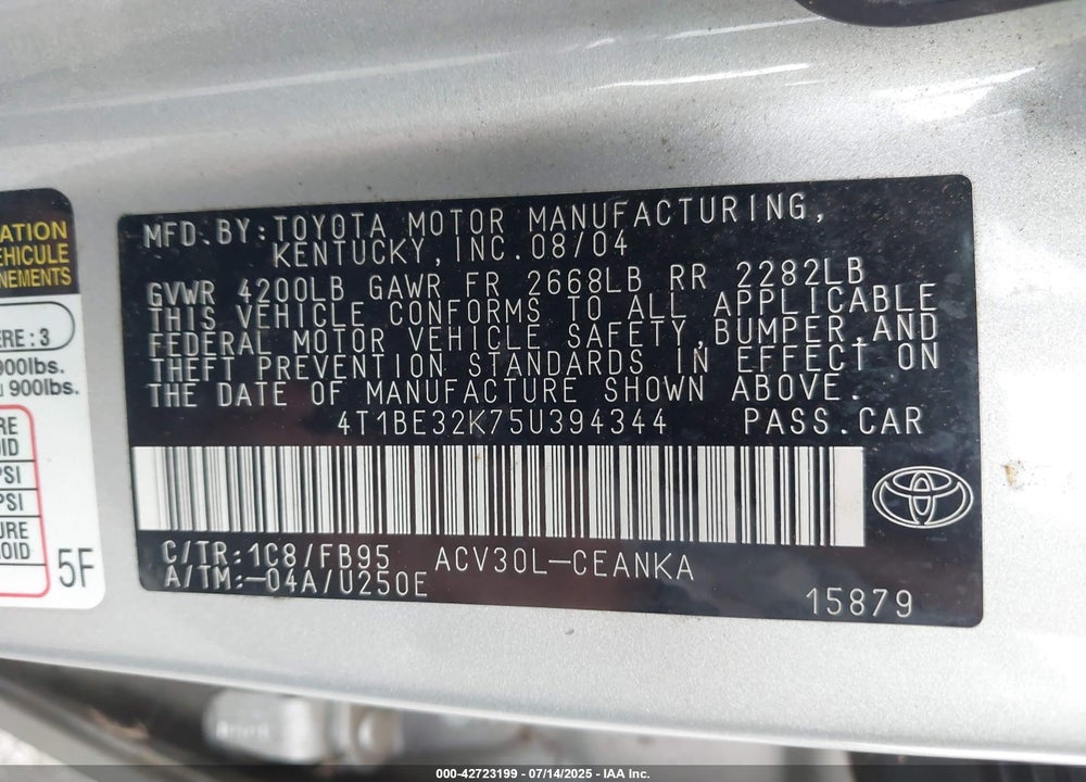 2005 TOYOTA CAMRY LE VIN: 4T1BE32K75U394344
