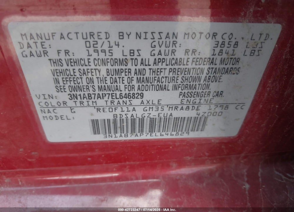 2014 NISSAN SENTRA VIN: 3N1AB7AP7EL646829