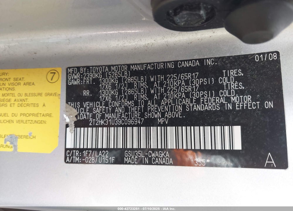 2009 LEXUS RX350 VIN: 2T2HK31U39C096947