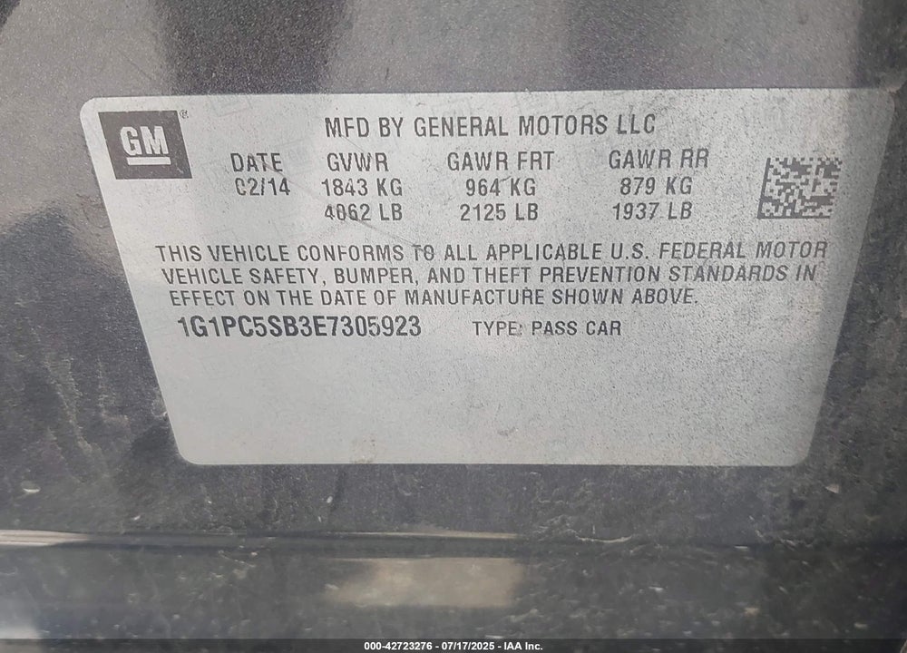 2014 CHEVROLET CRUZE VIN: 1G1PC5SB3E7305923