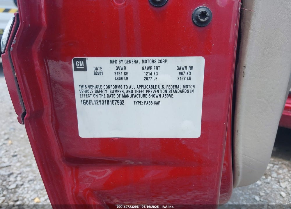 2001 CADILLAC ELDORADO ESC VIN: 1G6EL12Y31B107932