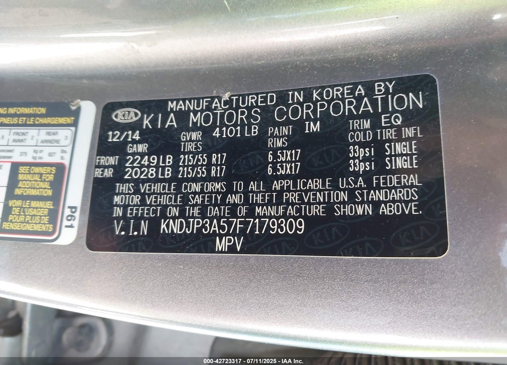 2015 KIA SOUL VIN: KNDJP3A57F7179309