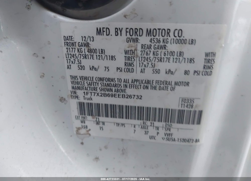 2014 FORD F-250 XL VIN: 1FT7X2B69EEB26732