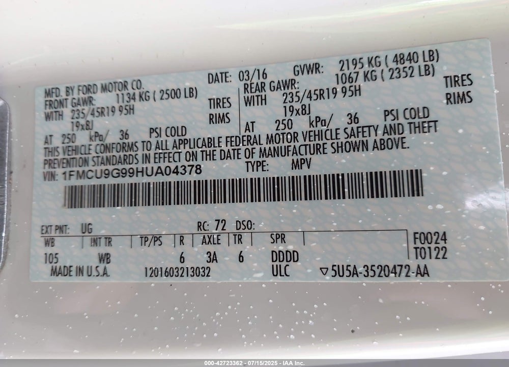 2017 FORD ESCAPE VIN: 1FMCU9G99HUA04378