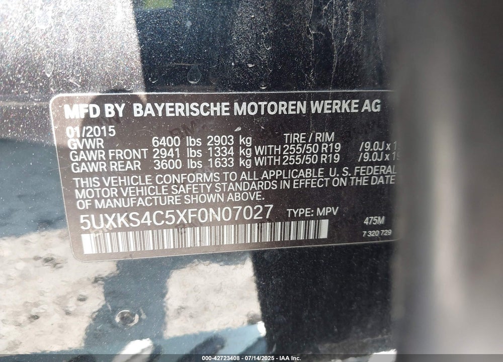 2015 BMW X5 XDRIVE35D VIN: 5UXKS4C5XF0N07027