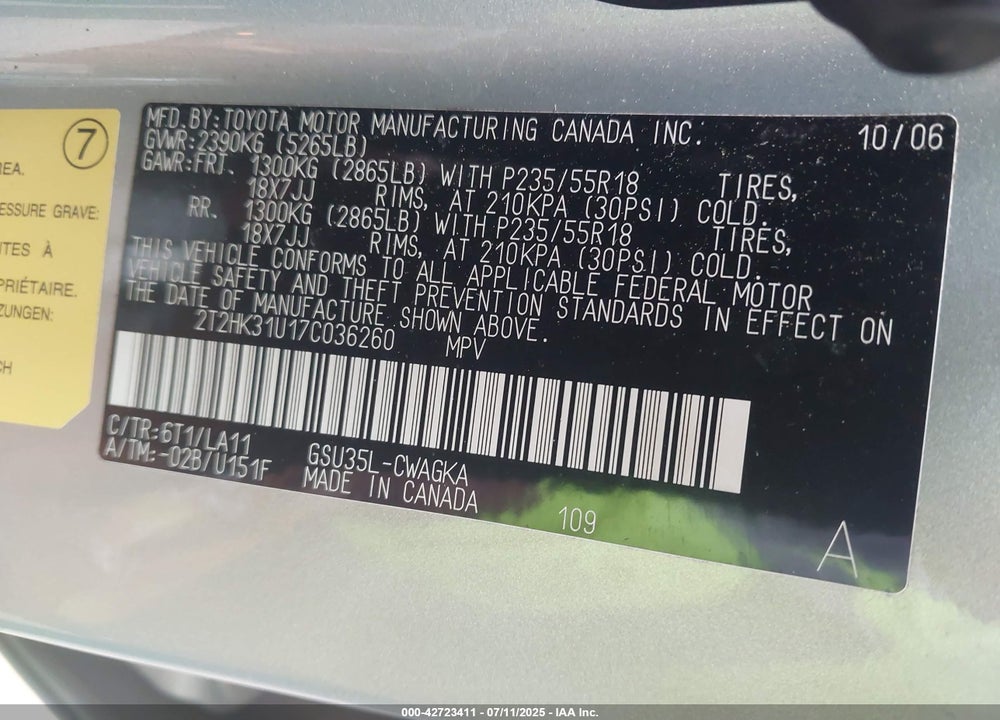 2007 LEXUS RX 350 VIN: 2T2HK31U17C036260