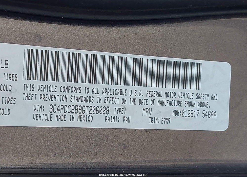 2016 DODGE JOURNEY VIN: 3C4PDCBB9GT206028