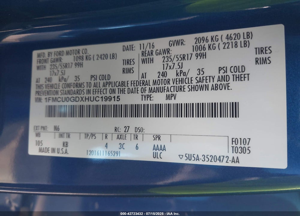 2017 FORD ESCAPE VIN: 1FMCU0GDXHUC19915