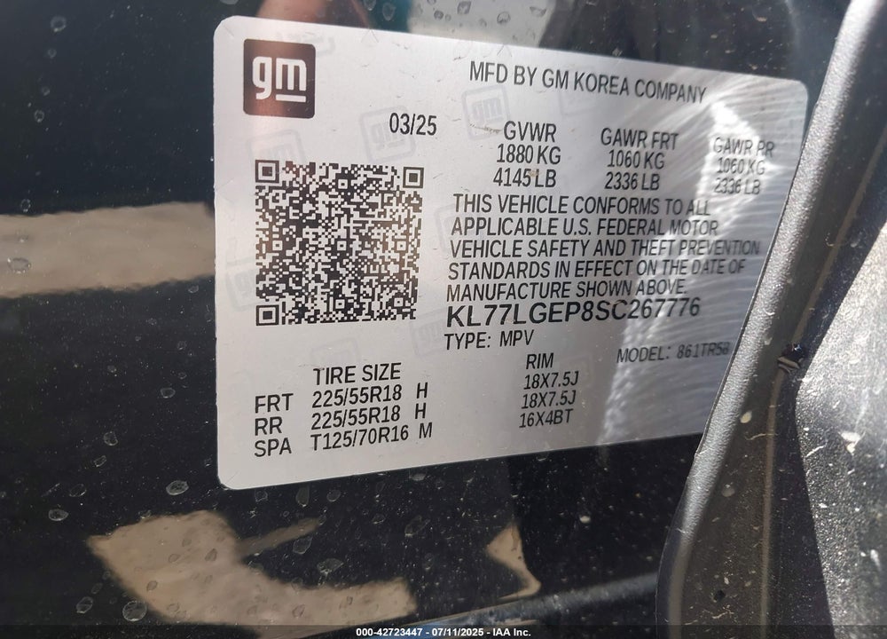 2025 CHEVROLET TRAX VIN: KL77LGEP8SC267776