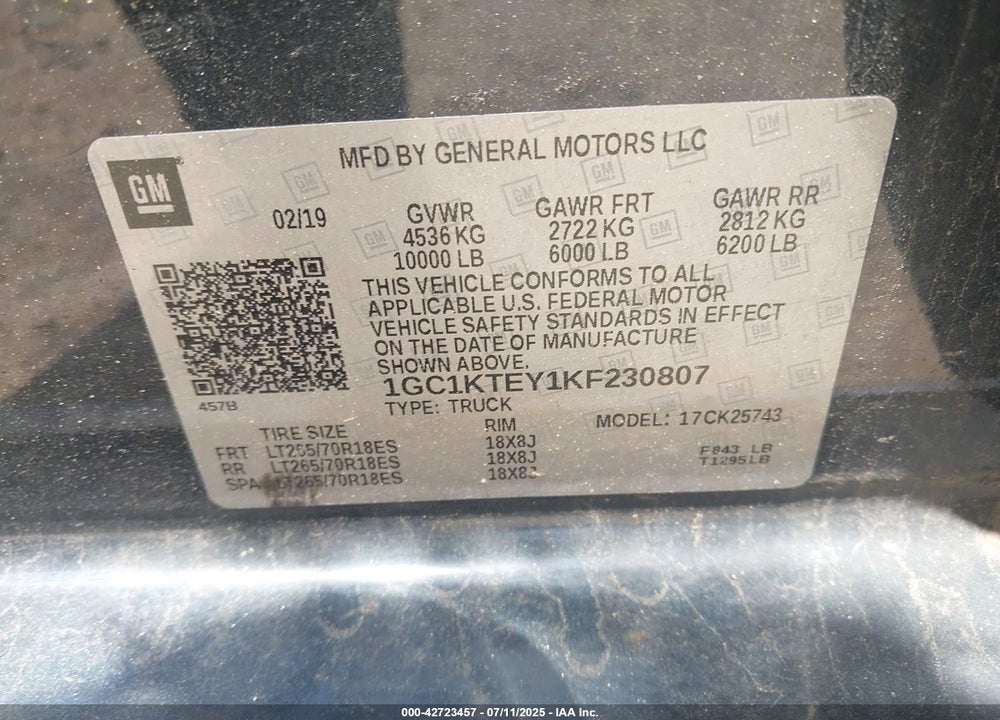 2019 CHEVROLET SILVERADO 2500HD LTZ VIN: 1GC1KTEY1KF230807