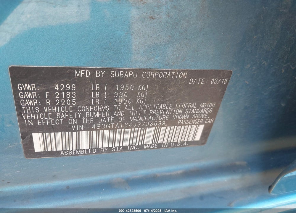 2018 SUBARU IMPREZA VIN: 4S3GTAT64J3738699