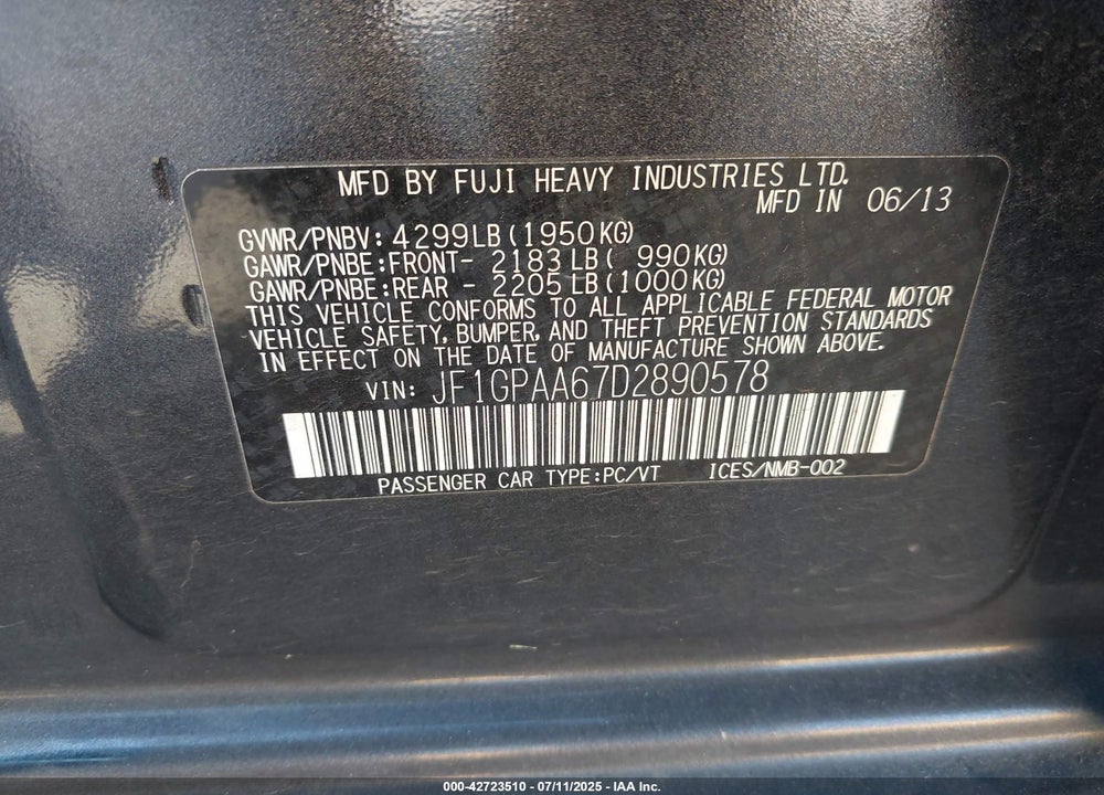 2013 SUBARU IMPREZA VIN: JF1GPAA67D2890578